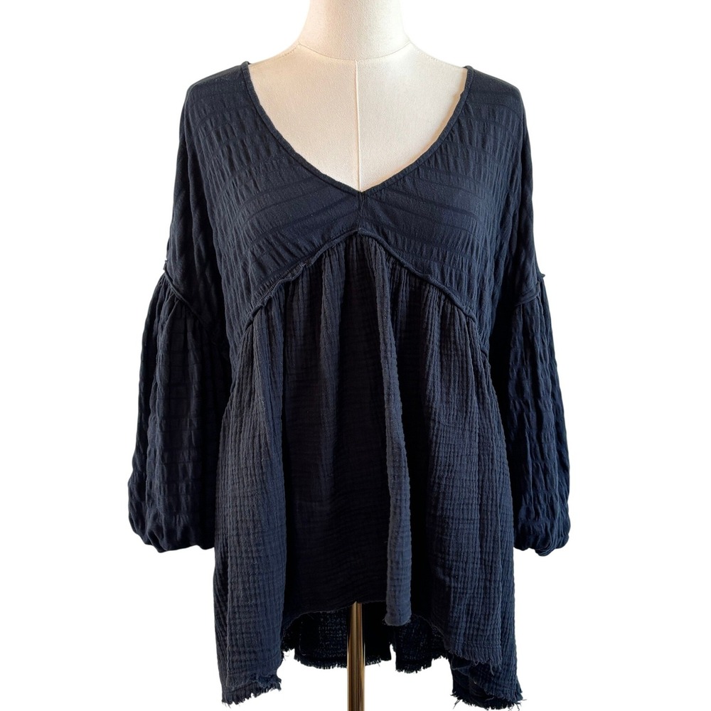We The Free Free People Tunic Black Womens Small Gauze Babydoll Balloon Sleeve